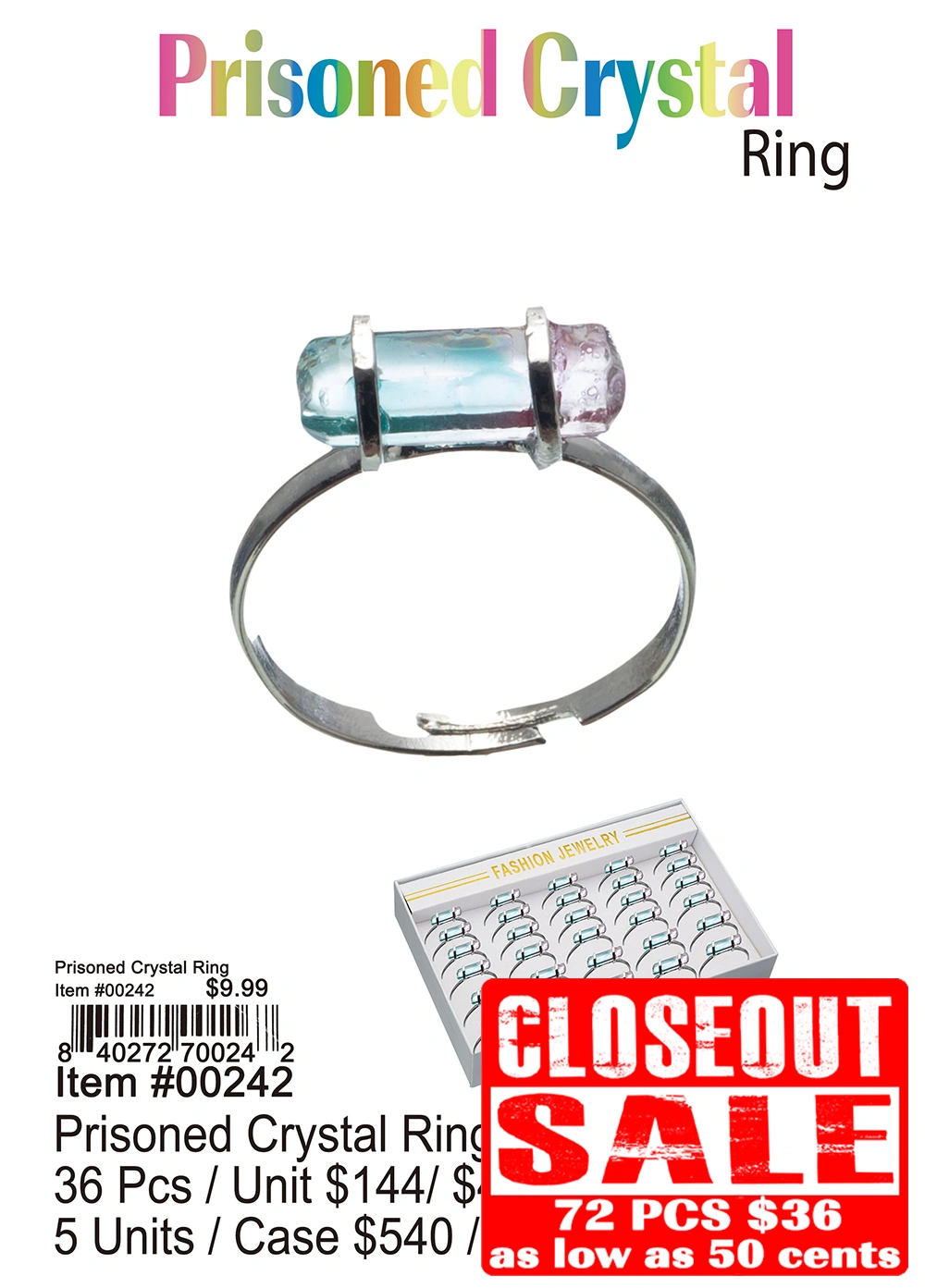 Prisoned Crystal Ring - Closeout 72 Pcs.